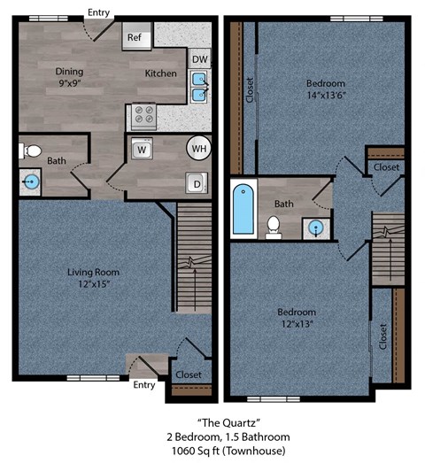 A floor plan of a small apartment with two bedrooms and a living room.